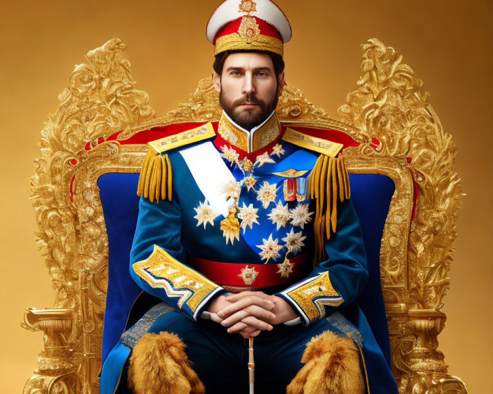 Man in regal blue and gold uniform on ornate golden throne with scepter and medals against golden