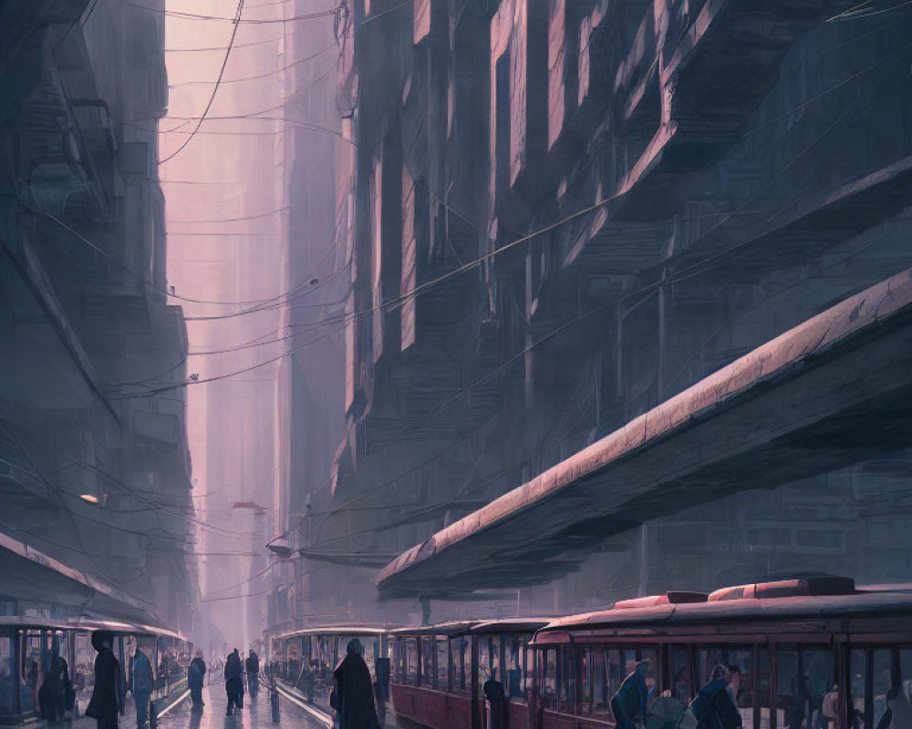 Futuristic cityscape with people at tram station and towering buildings in twilight glow