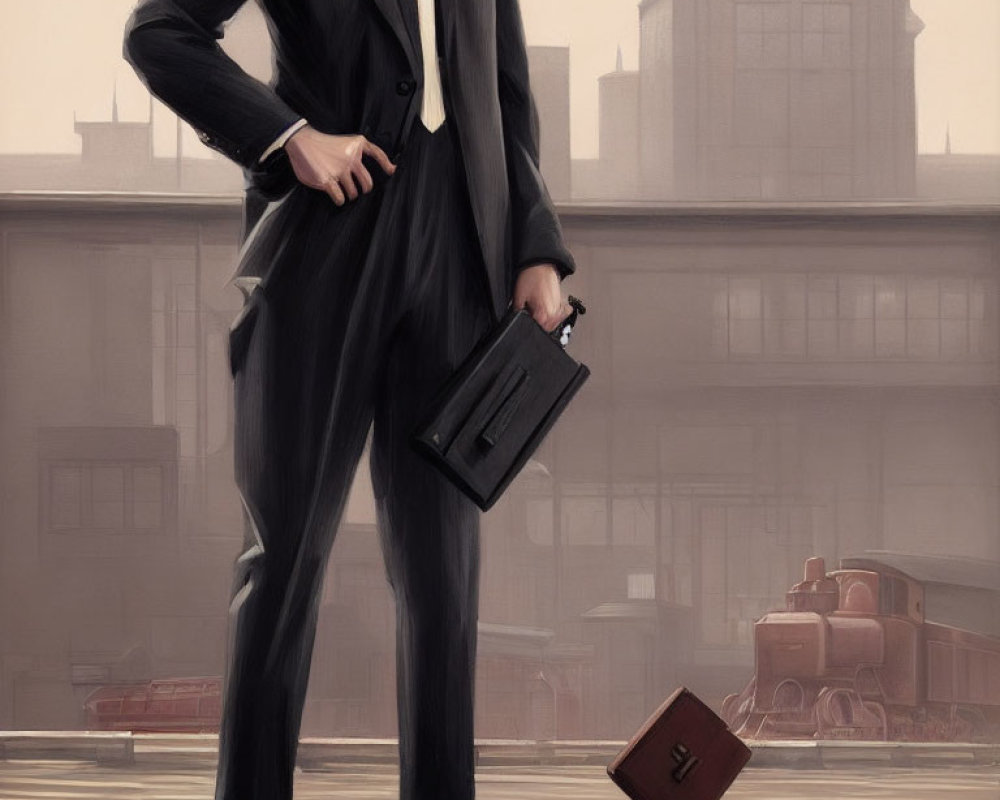 Businessman in suit with briefcase at vintage train station