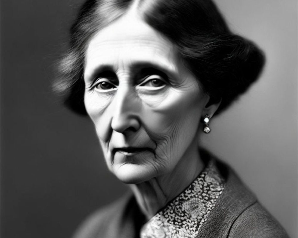 Monochrome portrait of elderly woman in vintage attire