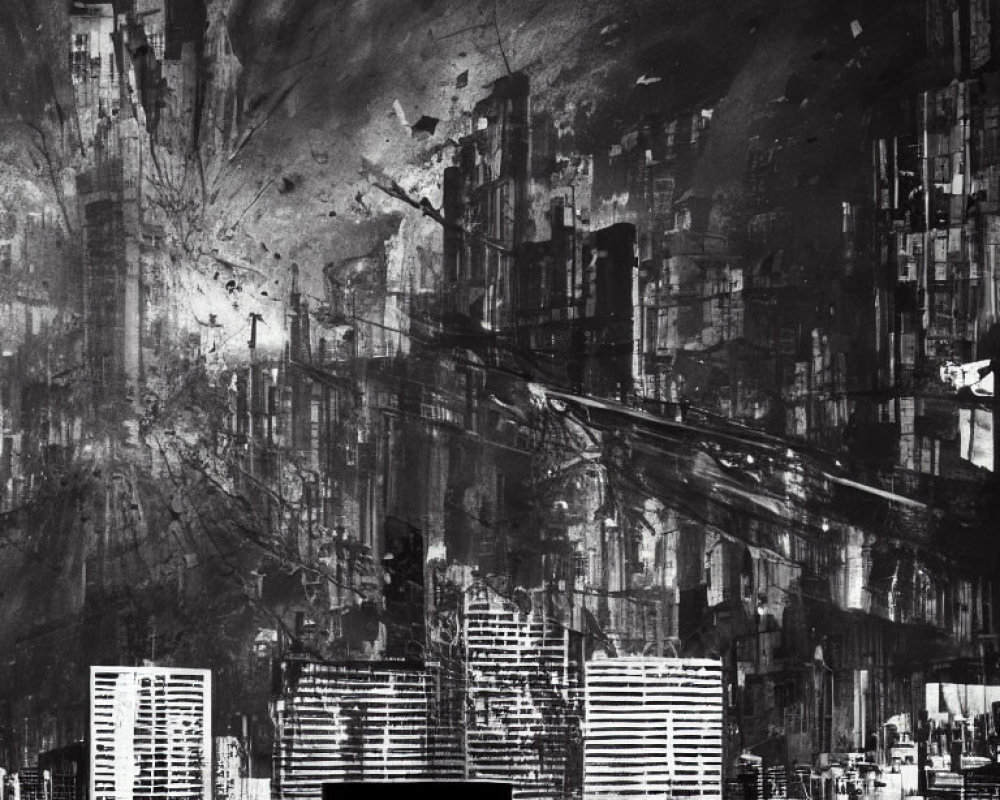 Monochromatic abstract urban scene with layered skyscrapers and textured strokes.