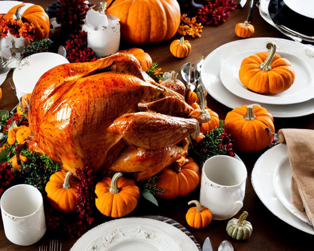 Thanksgiving table setting with roasted turkey centerpiece