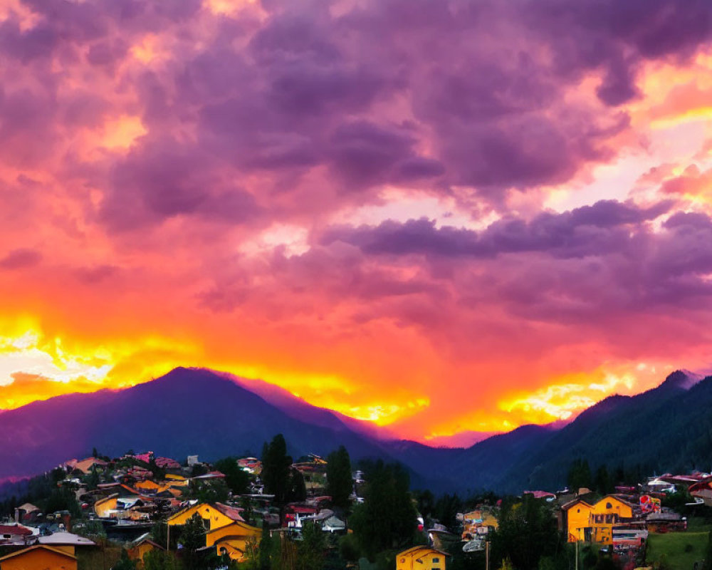 Scenic sunset with fiery clouds over illuminated mountain village