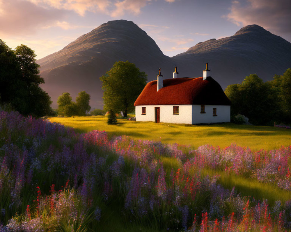 White Cottage with Red Roof Surrounded by Flower Field and Rolling Hills