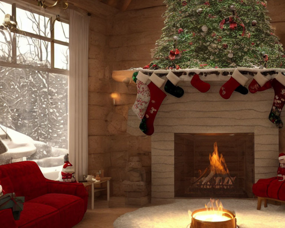 Festive Christmas room with fireplace, stockings, tree, and snowy view