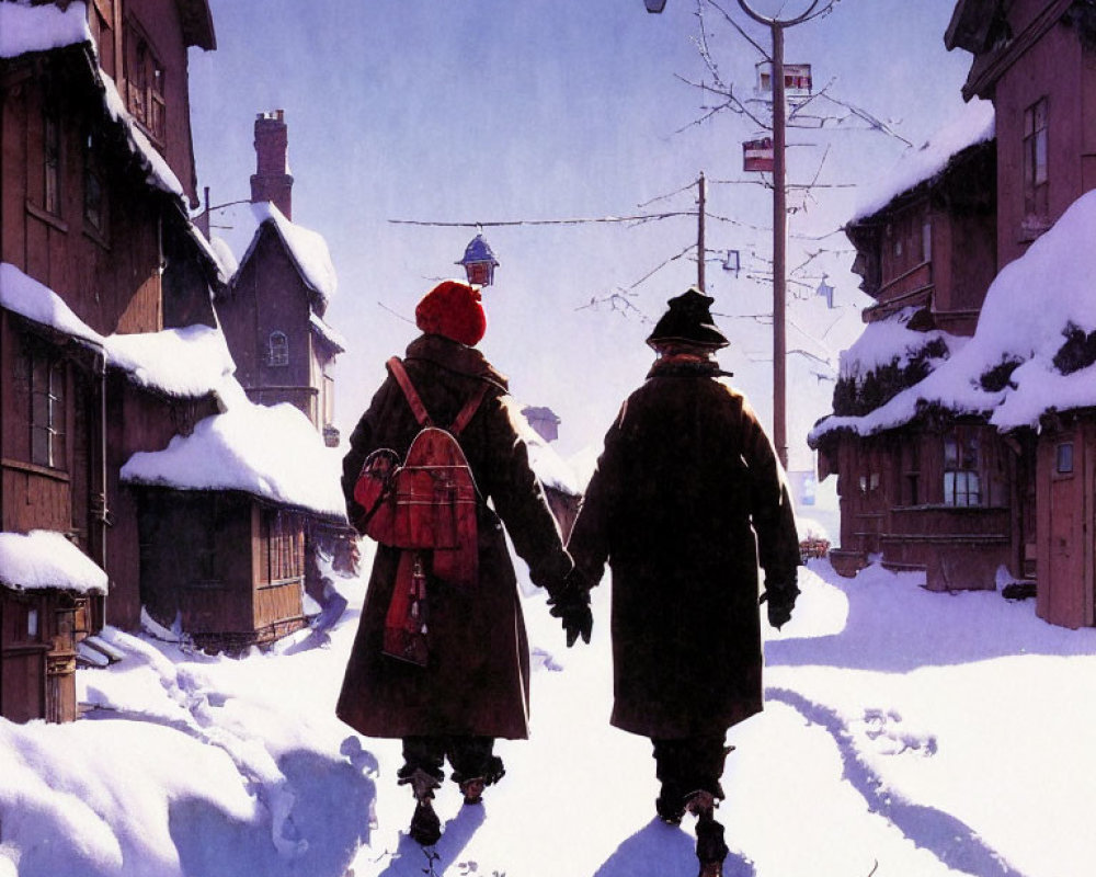 Winter scene: Couple holding hands, dog in snow-covered street.