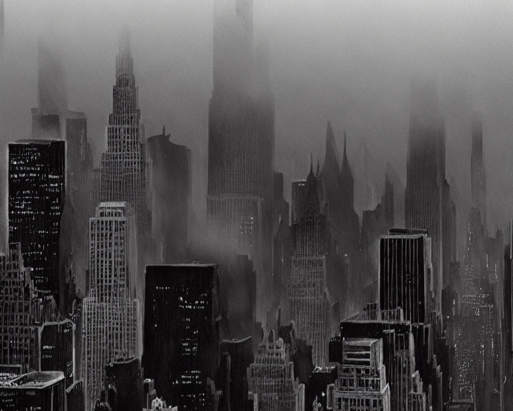 Grayscale cityscape with foggy skyscrapers for a moody urban scene