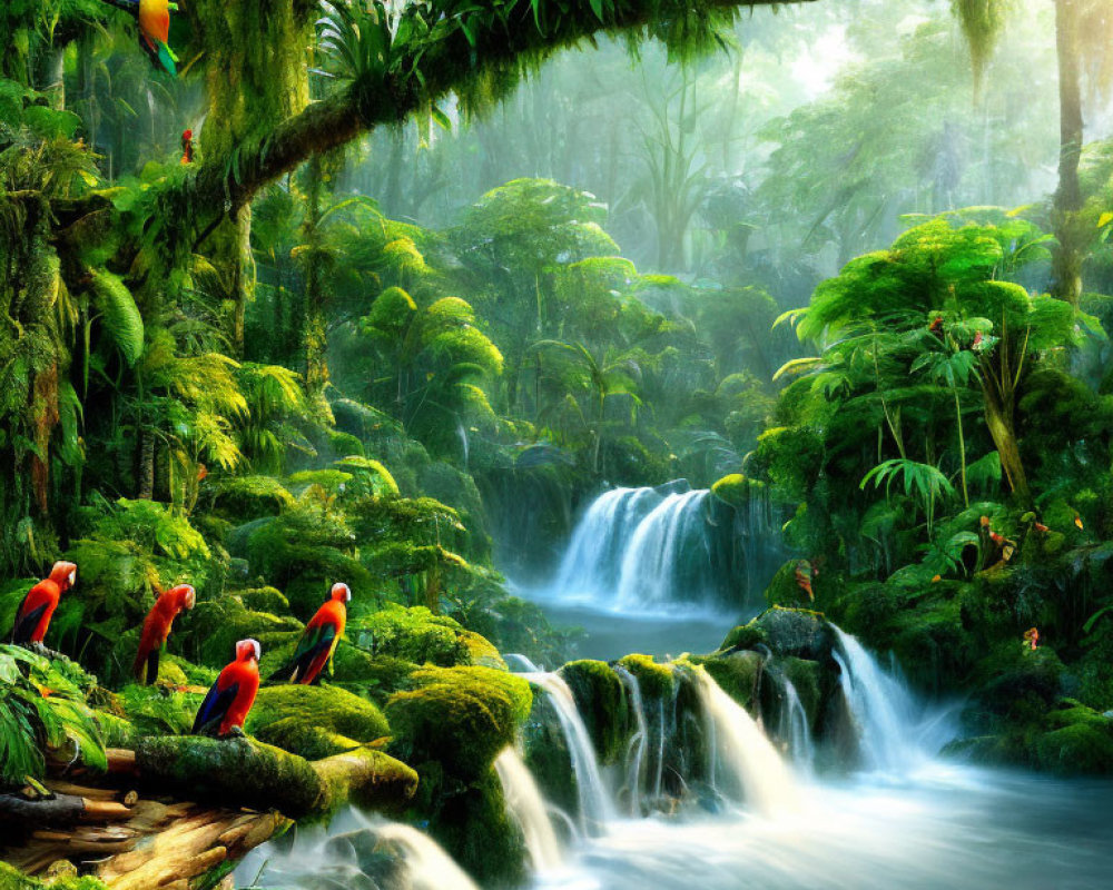 Tropical rainforest with waterfall and colorful parrots