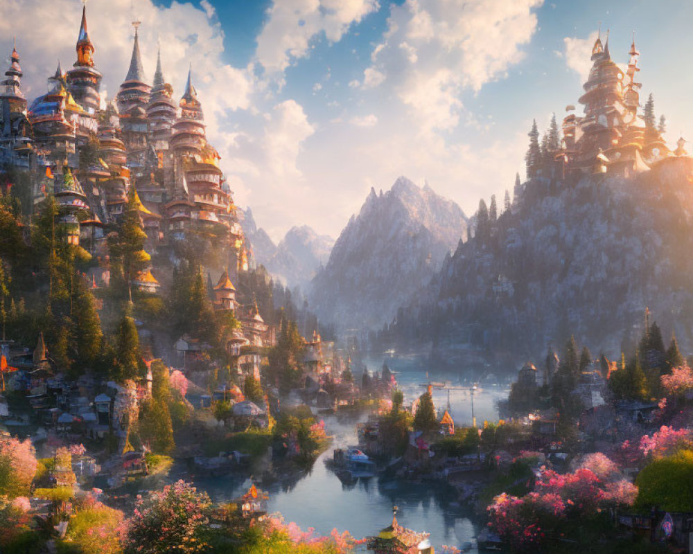 Majestic tiered towers, cherry blossoms, serene river & mountains in warm sunlight