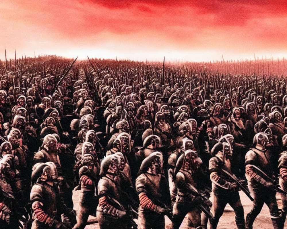 Armored soldiers march under a blood-red sky in intense scene