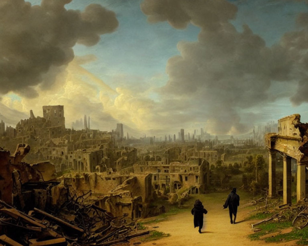 Classical painting of figures in ruins under dramatic sky