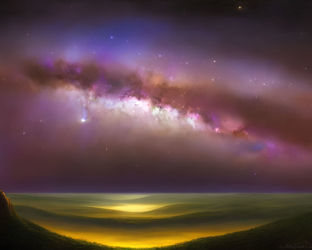 Stunning Milky Way over serene sunrise landscape