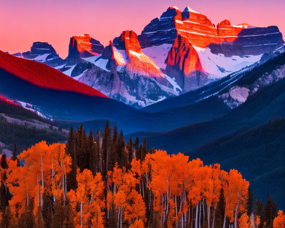 Vibrant autumn scene with red-lit mountains, orange trees, and colorful sky