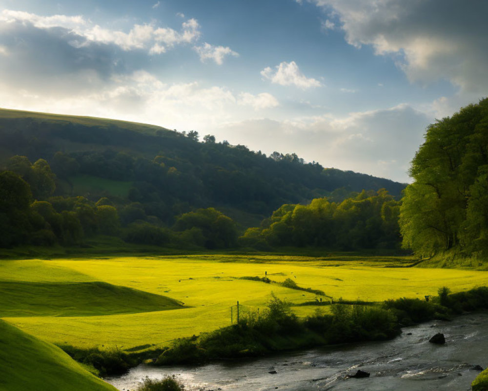 Tranquil river landscape in vibrant green valley