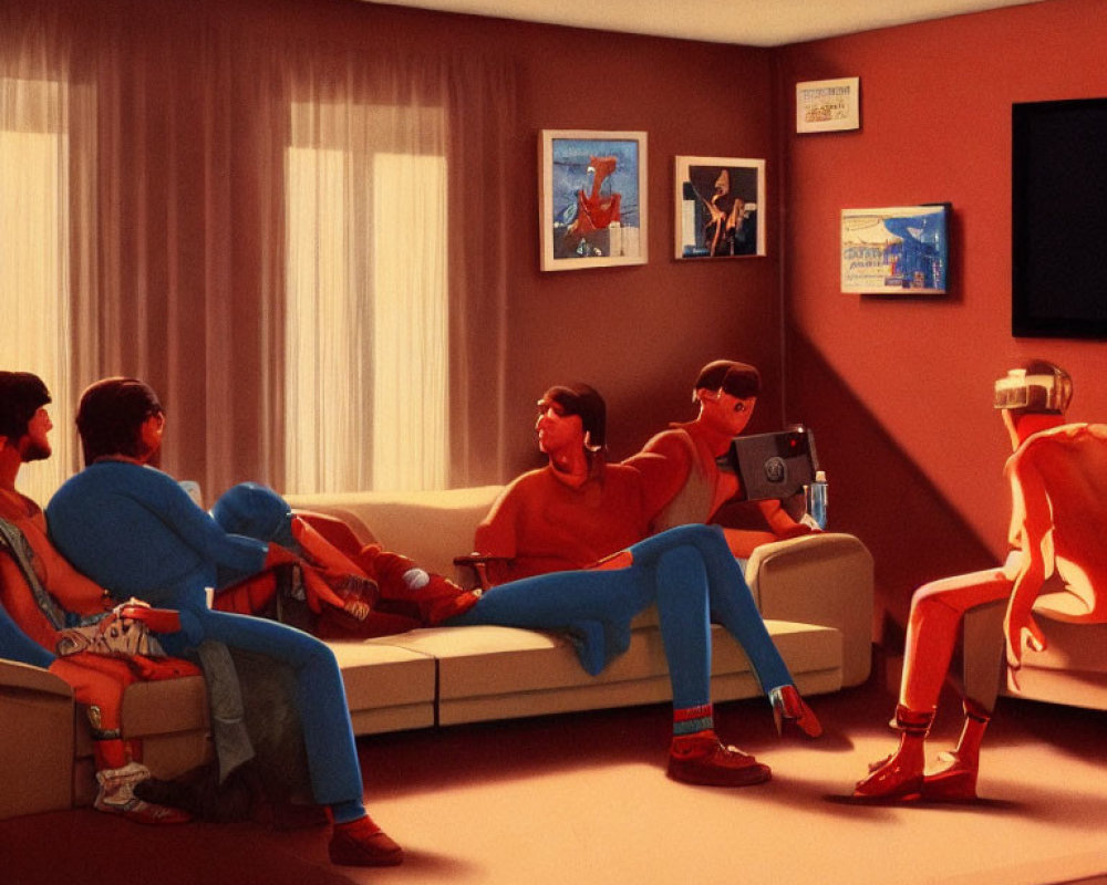 Stylized individuals in cozy red living room with retro decor