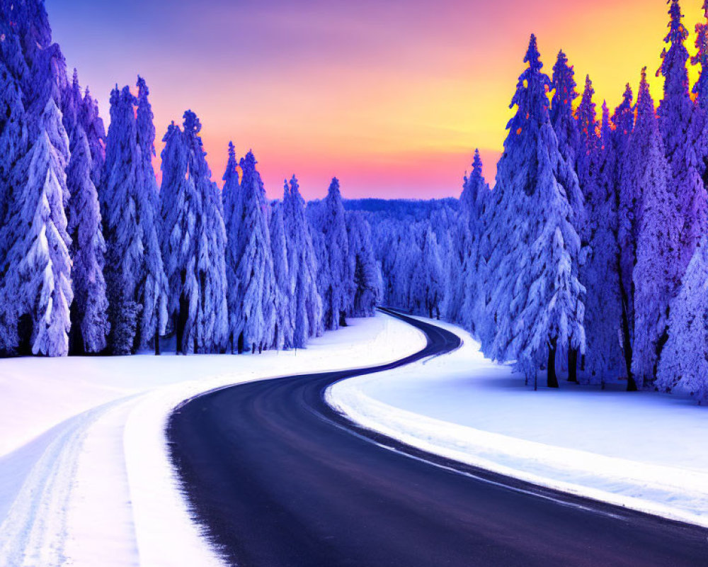 Snowy Trees Along Curving Road Under Vibrant Sunrise