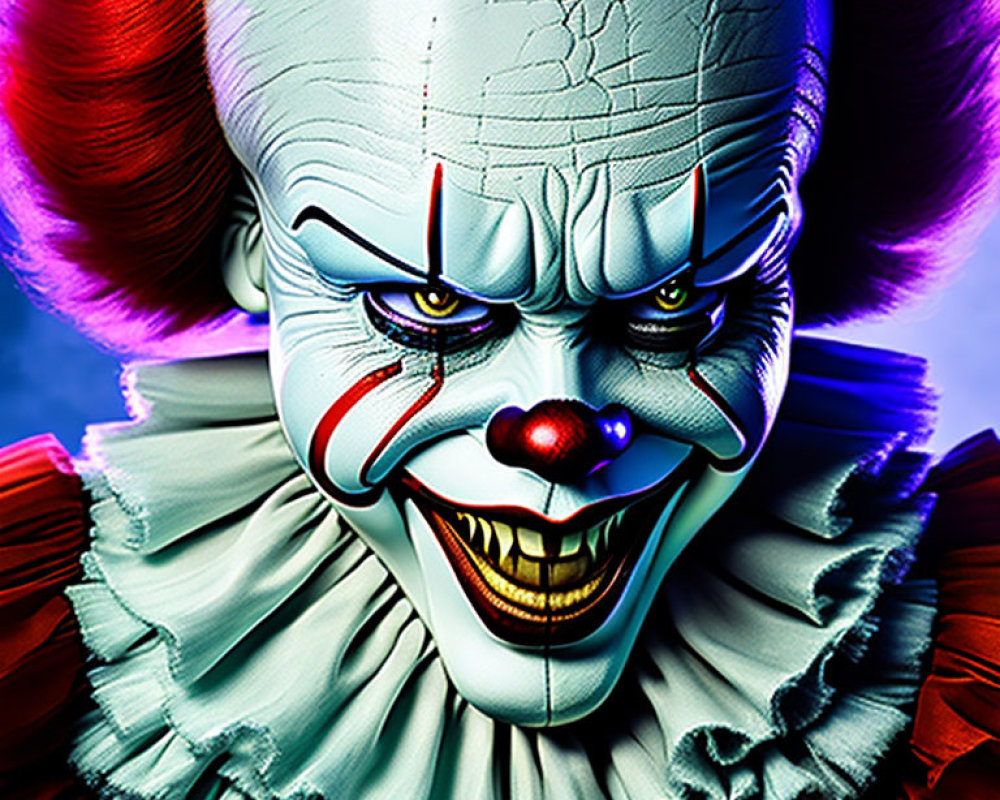 Detailed close-up of menacing clown with red hair and intense eyes