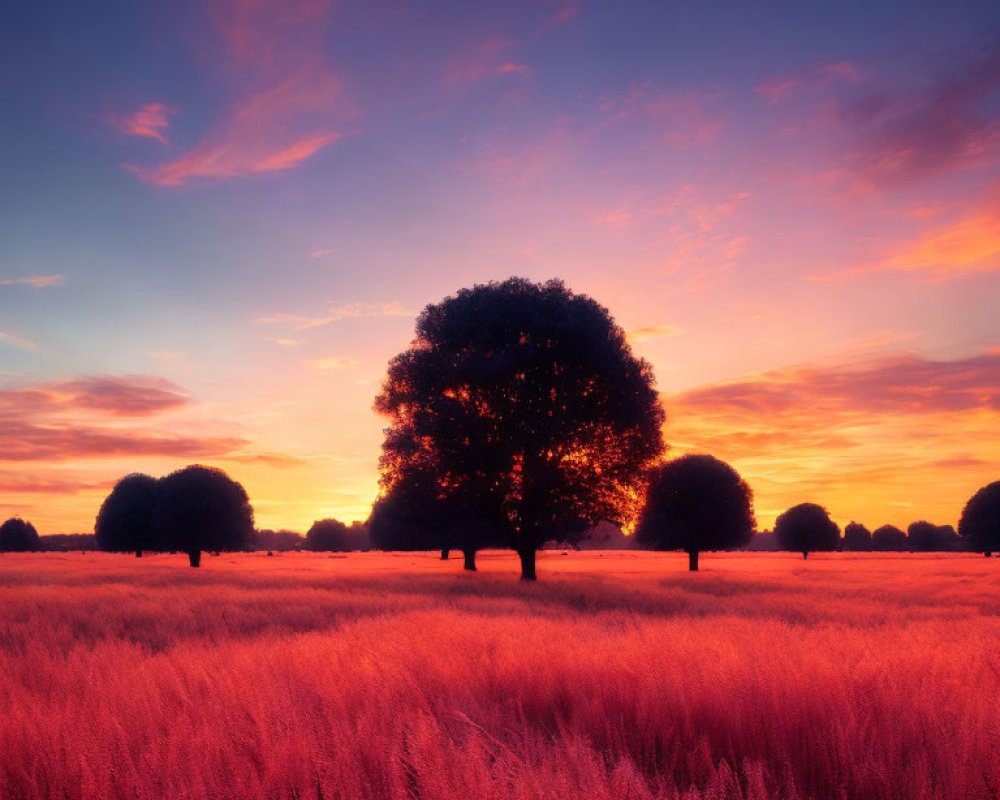 Solitary tree in field at sunrise or sunset with orange, pink, and purple sky