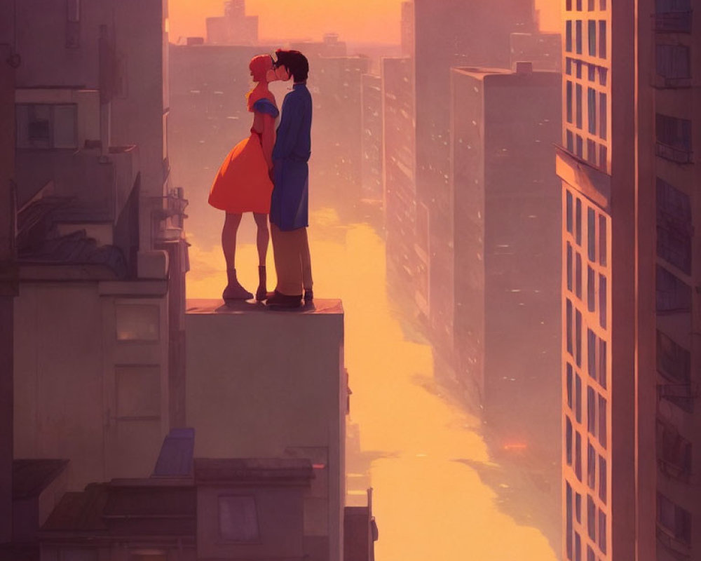 Couples enjoying sunset on rooftops with cityscape view