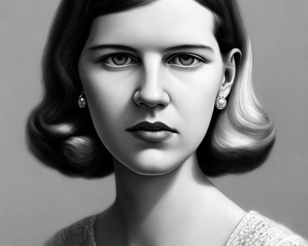 Monochrome portrait of woman with short hair and earrings