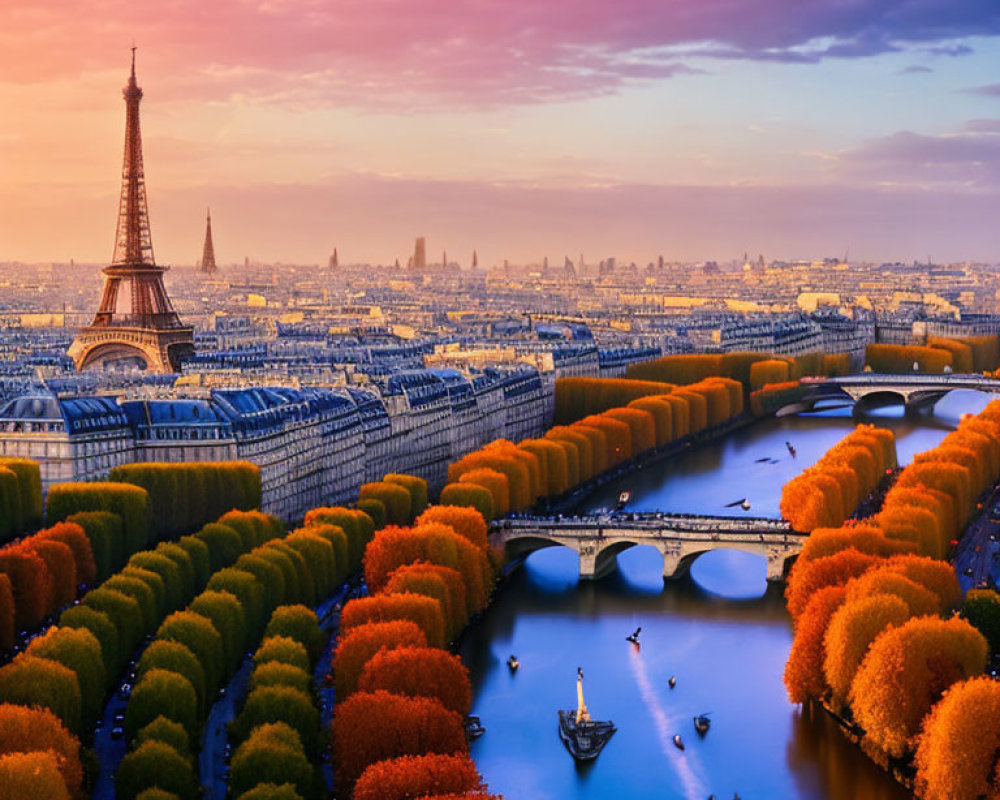 Paris Sunset Aerial View with Eiffel Tower, Seine River, and Bridges