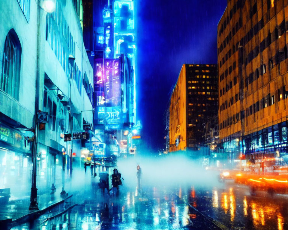 Urban night scene: neon-lit city street in rain with car reflections, fog, and blurred motion