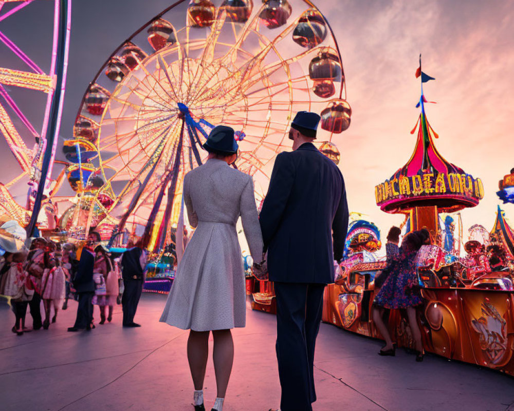 Vintage-dressed couple at colorful fairground with Ferris wheel and carousel under dramatic sunset sky