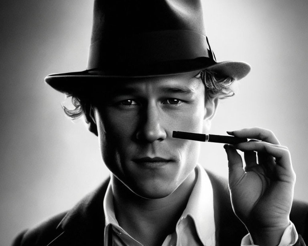 Monochrome portrait of man in fedora and suit holding object.