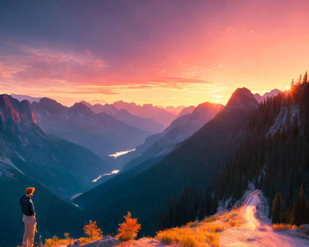 Scenic sunset view from mountain path over river valley