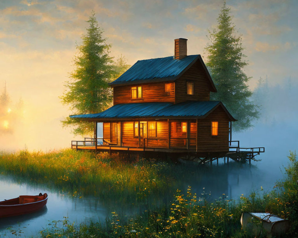 Tranquil wooden cabin on stilts by calm lake at dawn or dusk