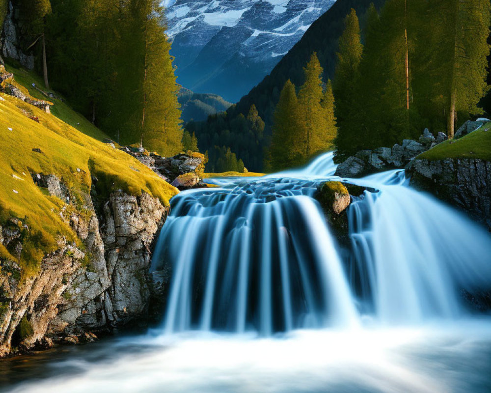 Scenic Waterfall Surrounded by Greenery and Snow-Capped Mountains