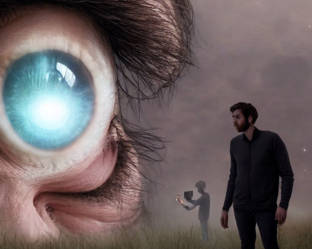 Surreal artwork featuring giant eye, man, and child in misty field