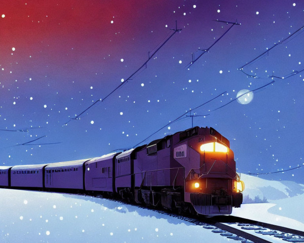 Train traveling through snowy landscape under starry night sky