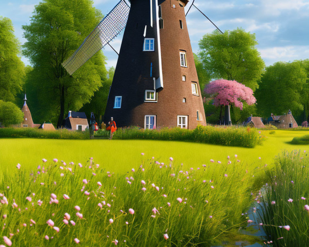 Dutch windmill by water canal with people amidst green fields