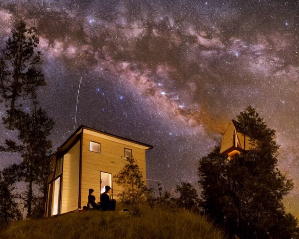 Starry sky over lit cabin with two people outdoors