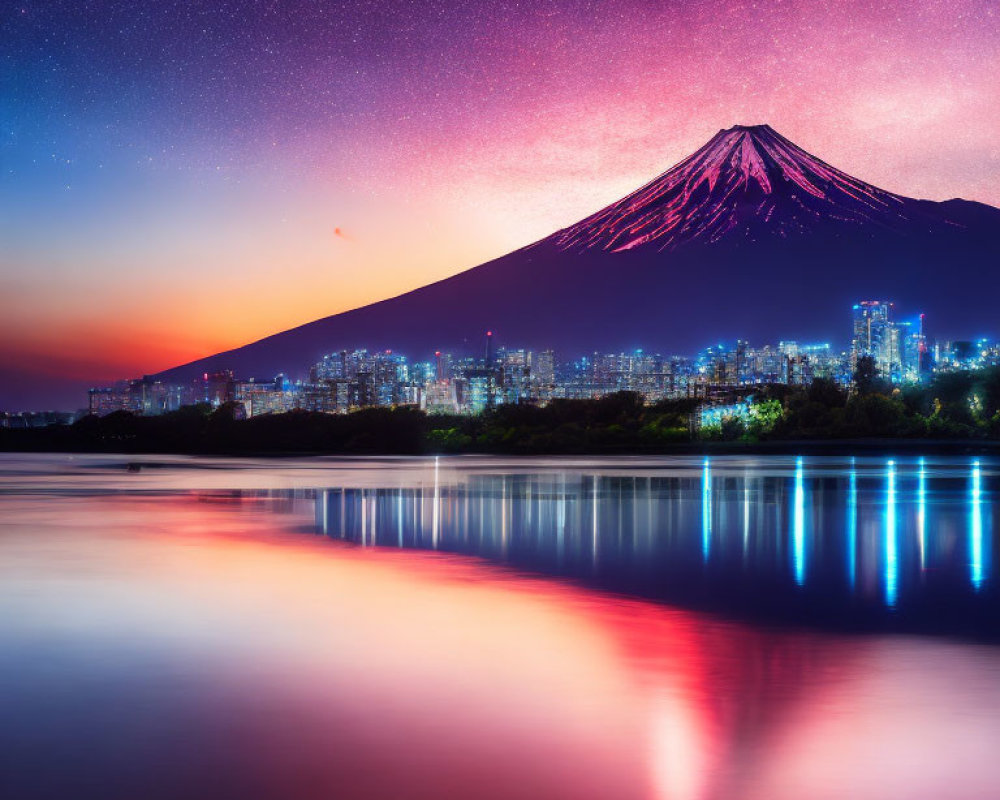 Luminous city skyline and Mount Fuji at night reflected in water