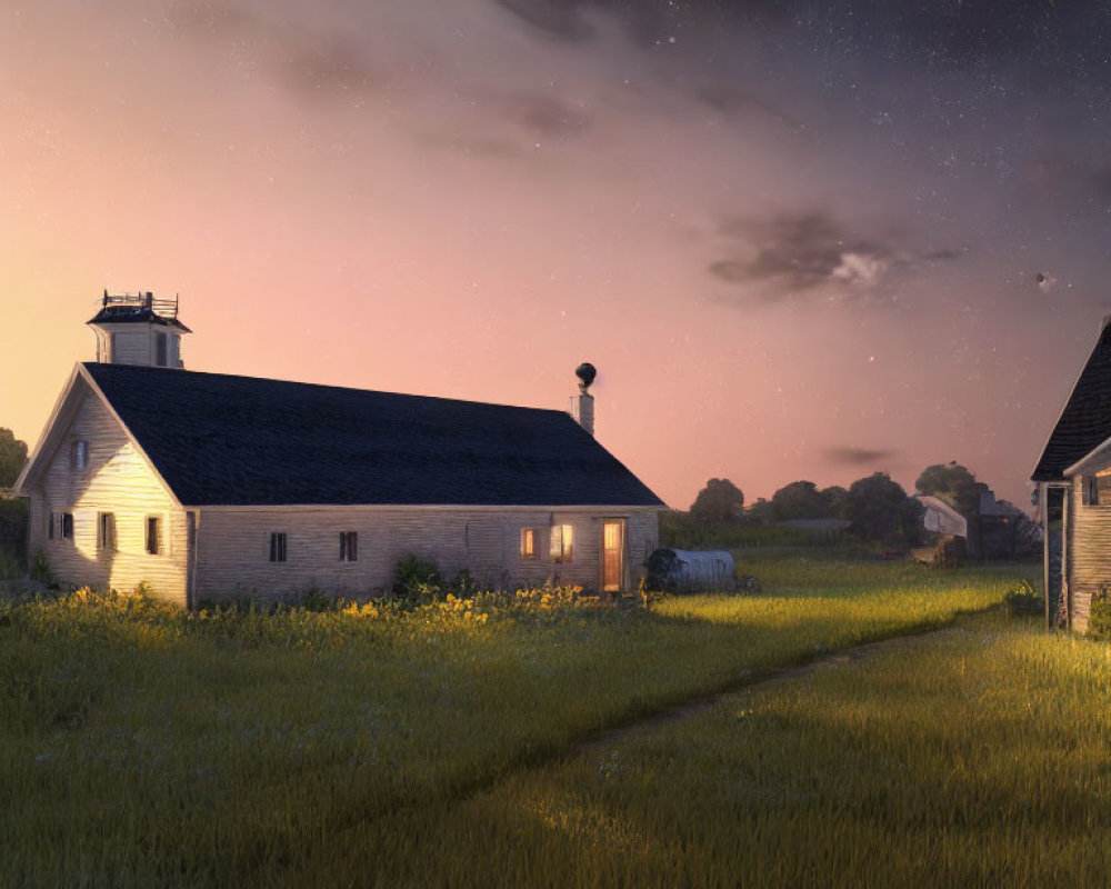 Rural landscape at dusk with lighthouse, starry sky, and farmhouse.