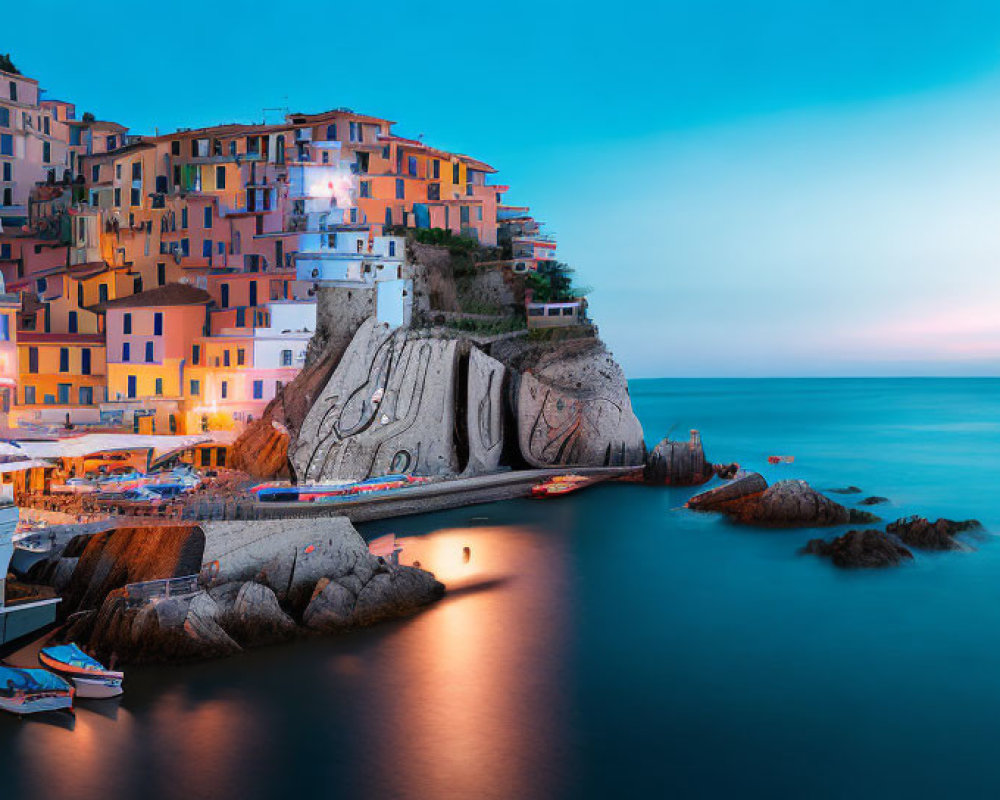 Colorful Coastal Twilight Scene with Clifftop Buildings, Serene Sea, Boats, and