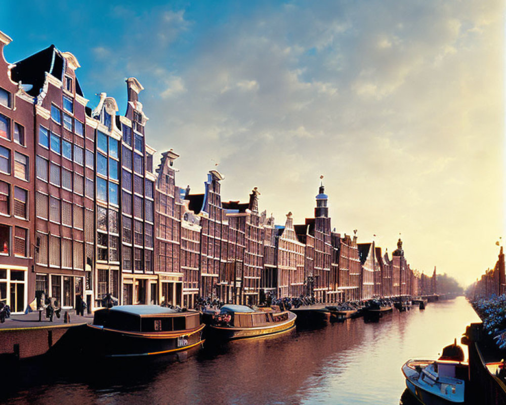 Traditional Dutch Houses and Moored Boats by Canal at Dusk