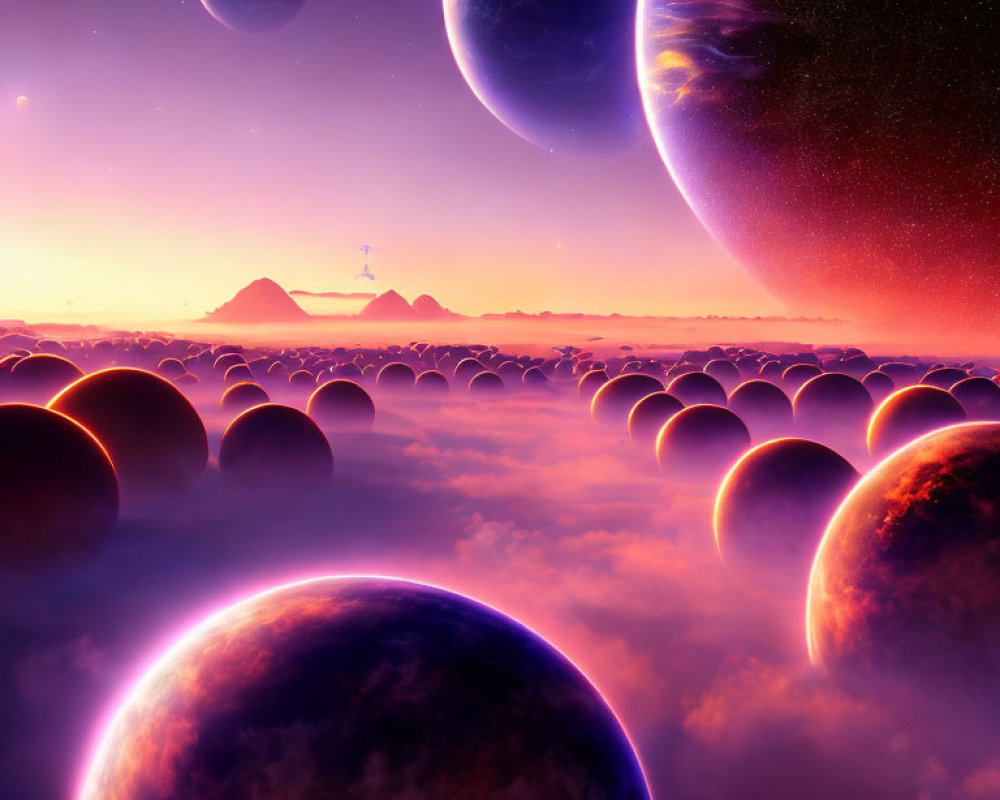 Surreal landscape with hovering planets and glowing orbs