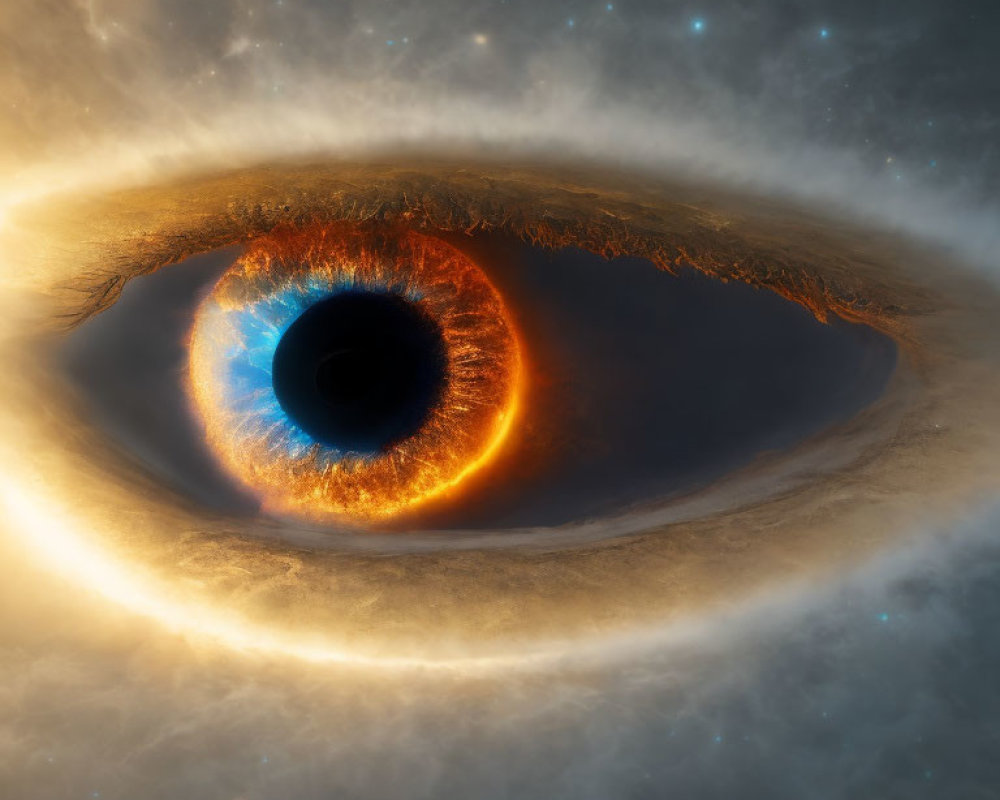 Cosmic eye artwork with starry nebula and fiery orange tones