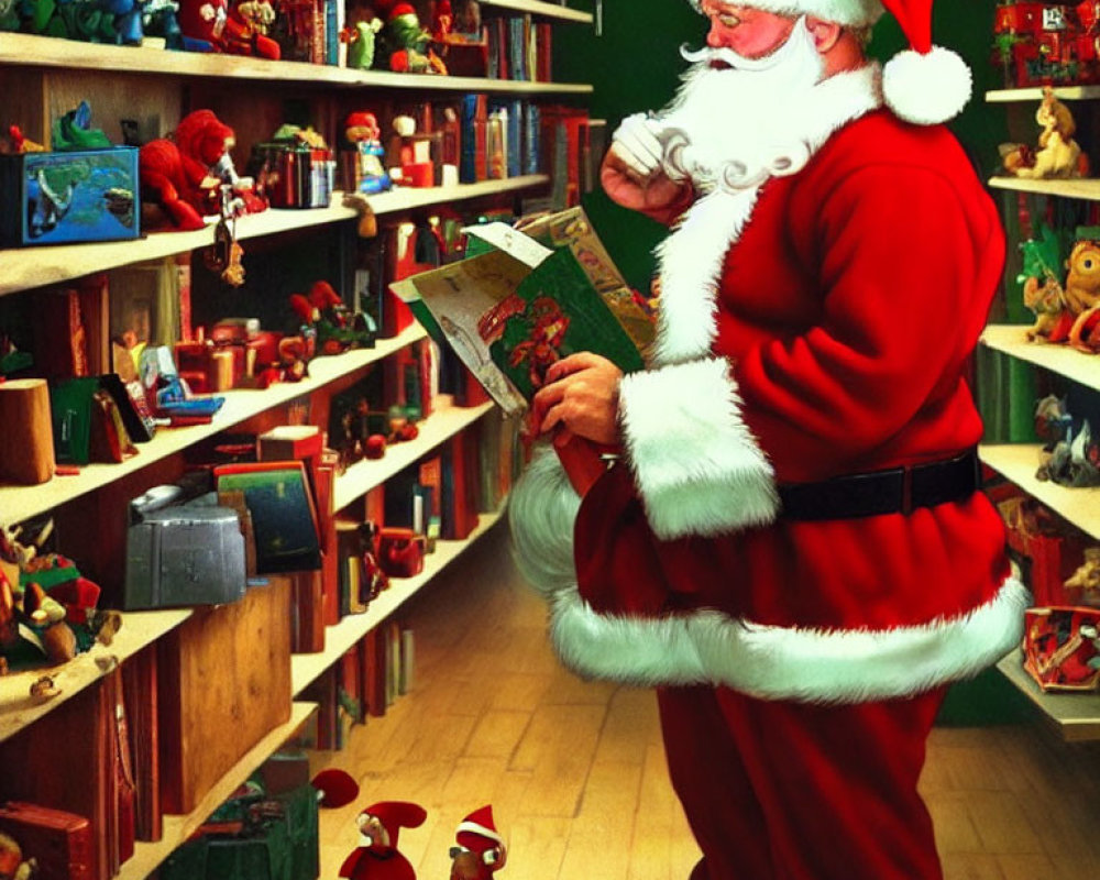 Santa Claus Reading Book in Toy-Filled Workshop