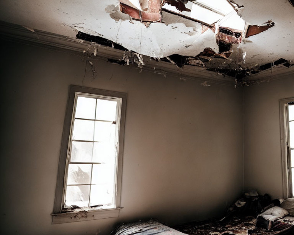 Abandoned room with hole in ceiling and scattered debris