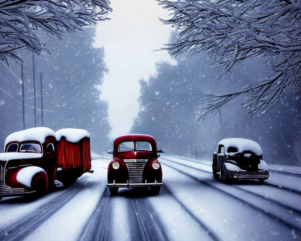 Classic cars on snowy road under snow-covered branches.