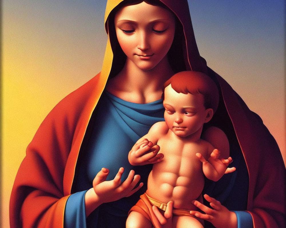 Religious digital illustration of Mary and baby Jesus with halos on gradient background