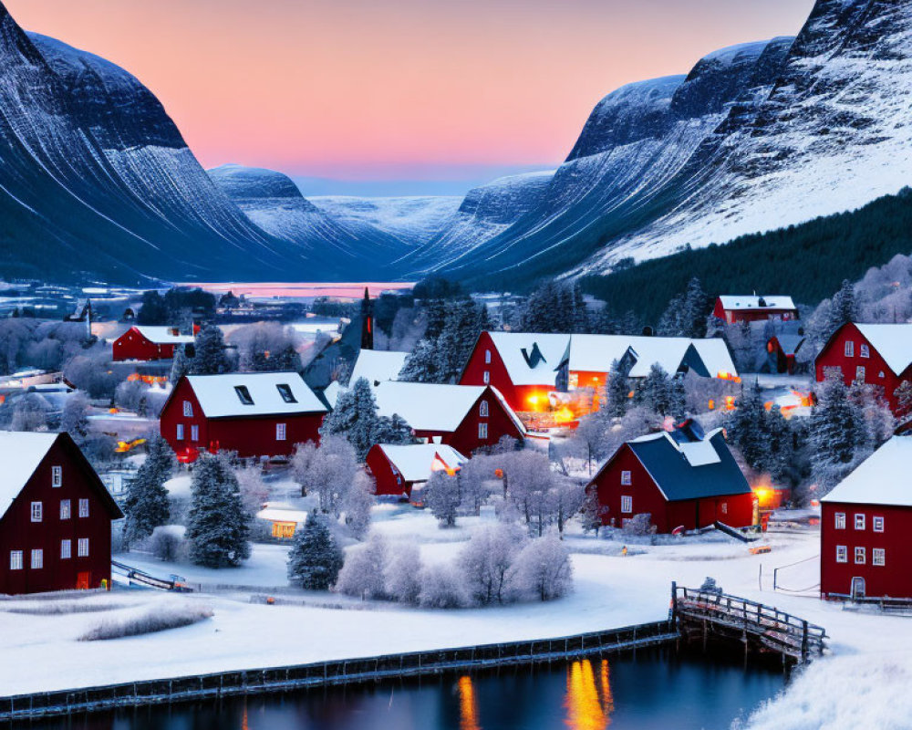 Snowy Village with Red Houses Along River at Twilight nestled between Dark Mountains