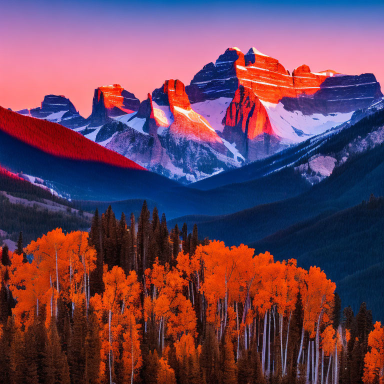 Vibrant autumn scene with red-lit mountains, orange trees, and colorful sky