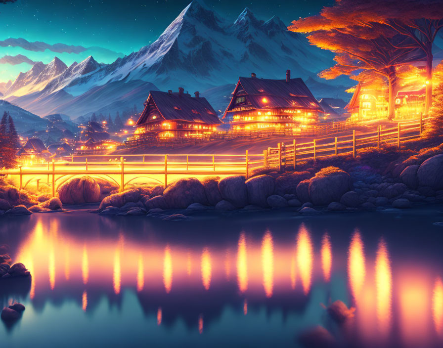Night Scene: Cozy Houses by Lake, Starry Sky & Mountains