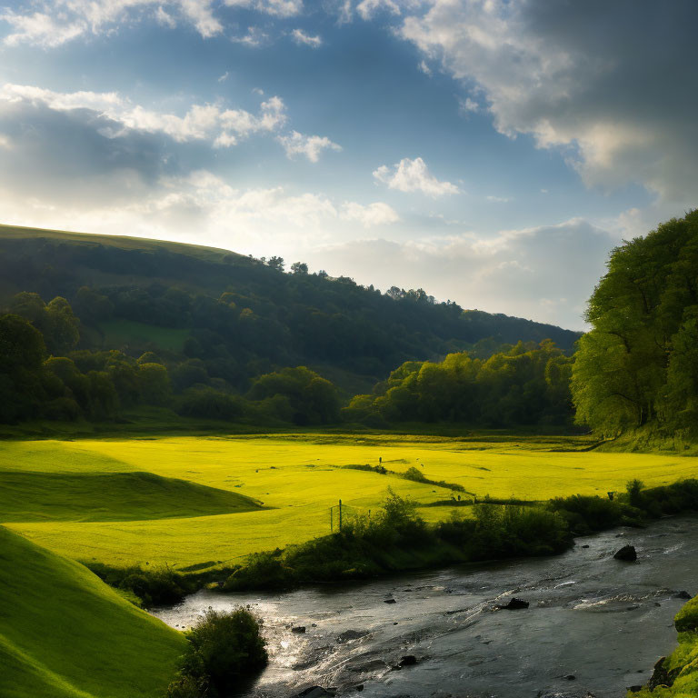 Tranquil river landscape in vibrant green valley