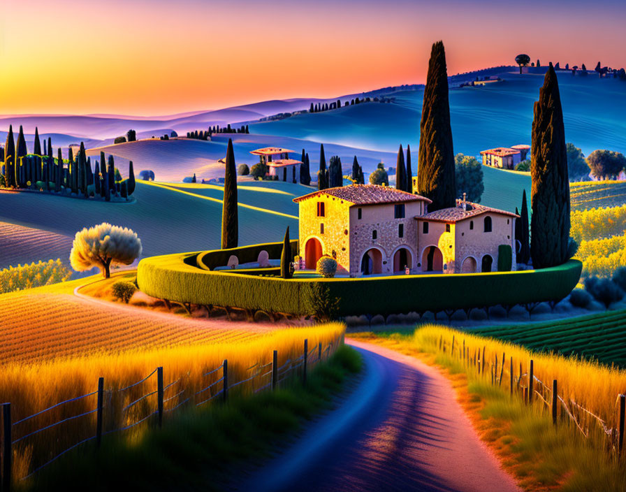Sunset Tuscan landscape: rolling hills, winding road, cypress trees, traditional villa.